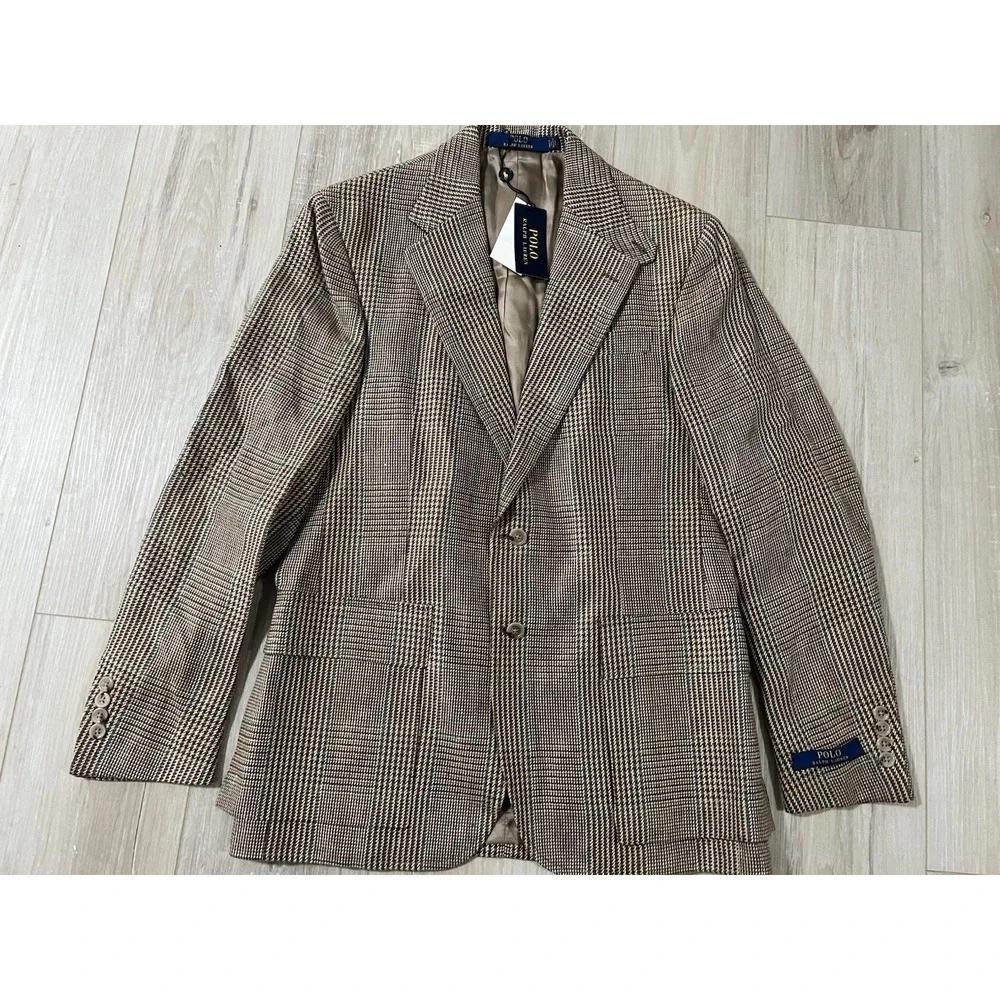 Polo Ralph Lauren 100% Linen Brown Houndstooth Constructed Tweed Blazer 40R